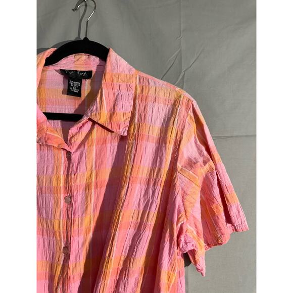 90s Vintage Top Womens XL Pink Plaid Button Tie Front Orange Cottage Boho Pastel - Picture 4 of 7